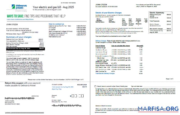 Downloadable USA Delmarva Power utility bill template in Word and PDF formats, 5 pages, 1 2 pages